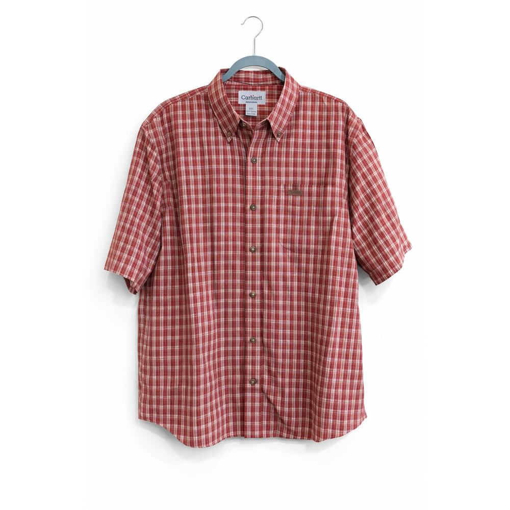 Carhartt Men’s 2XL Red Plaid Button Down Shirt Short Sleeve 100% Cotton